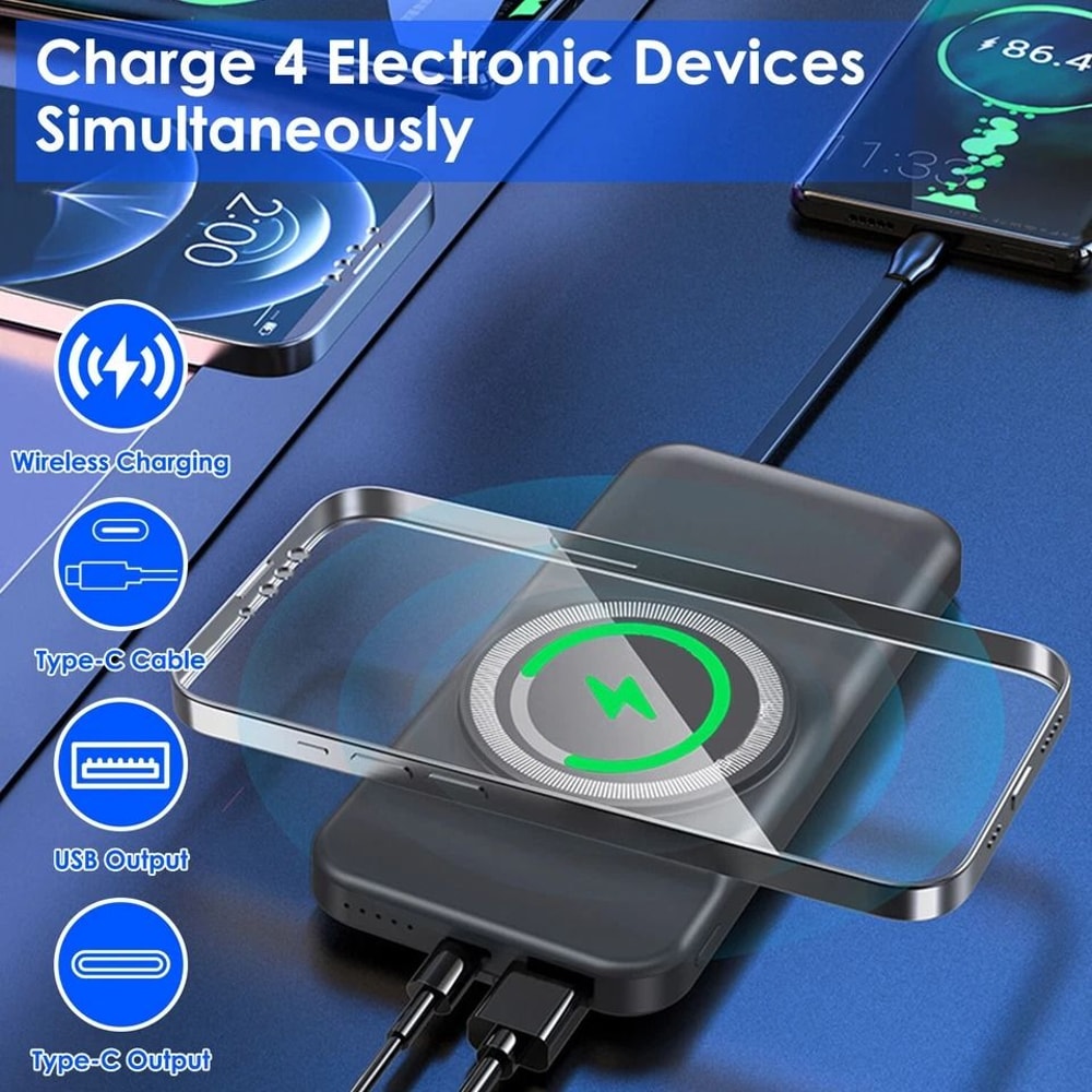 Magnetic Wireless Charger Battery Pack Fast Charging Power Bank BuiltIn Cable Dual USBTypeC Outputs