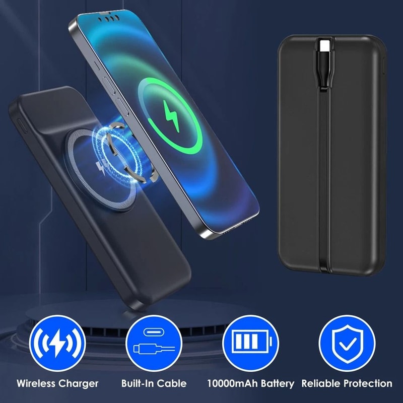 Magnetic Wireless Charger Battery Pack Fast Charging Power Bank BuiltIn Cable Dual USBTypeC Outputs