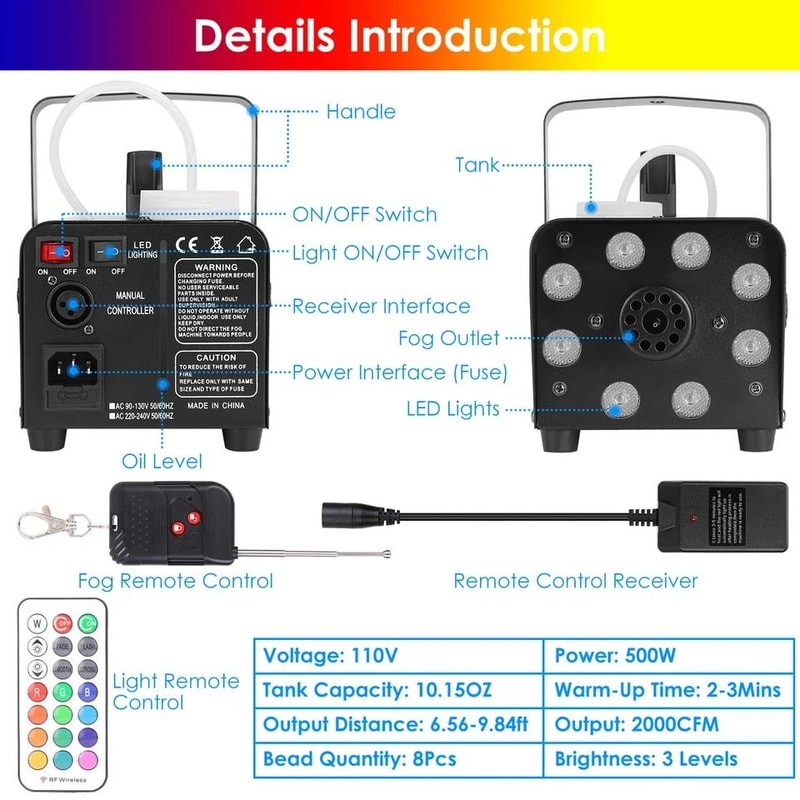 Fog Machine With LED Color Effects Remote Control For Weddings Parties And Stage Lighting 8