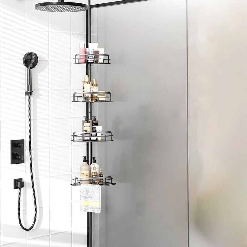 Black Shower Rack Caddy Shelves Floor Standing Bathroom Storage Adjustable Corner Storage Holder 3