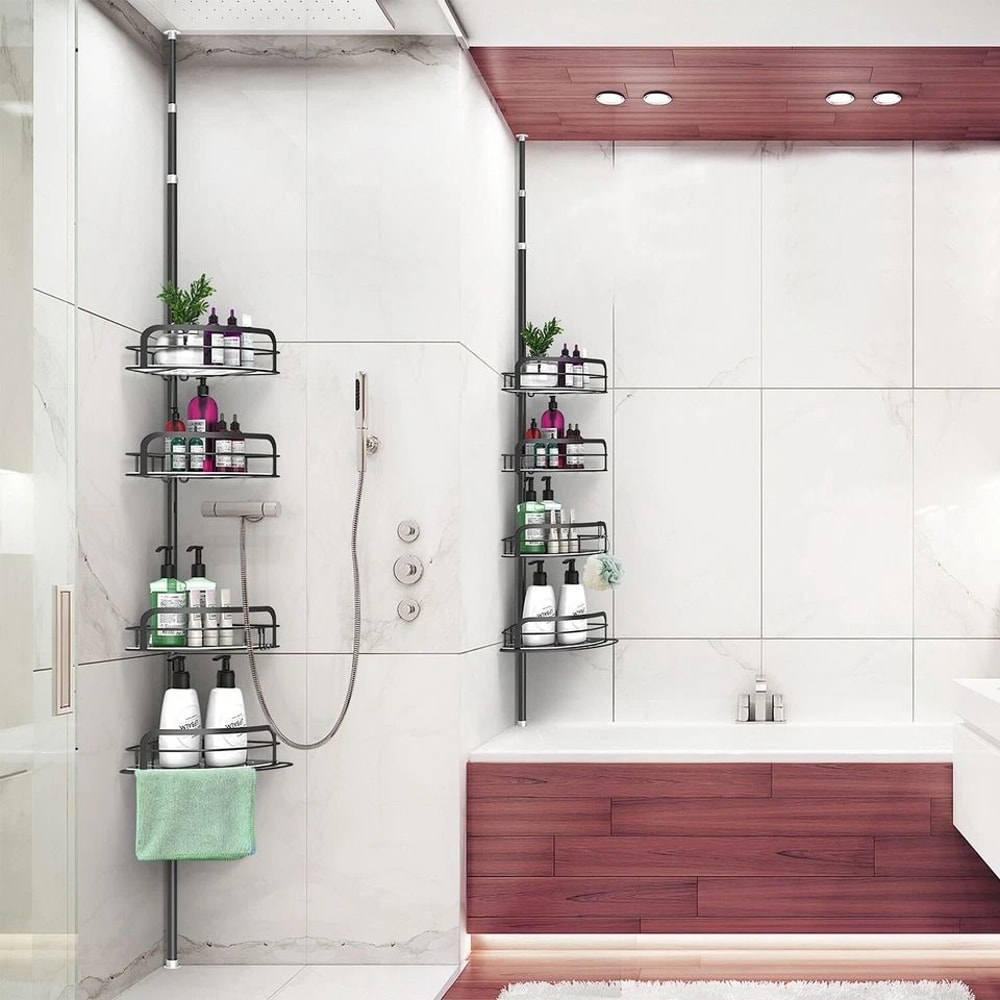 Black Shower Rack Caddy Shelves Floor Standing Bathroom Storage Adjustable Corner Storage Holder 4