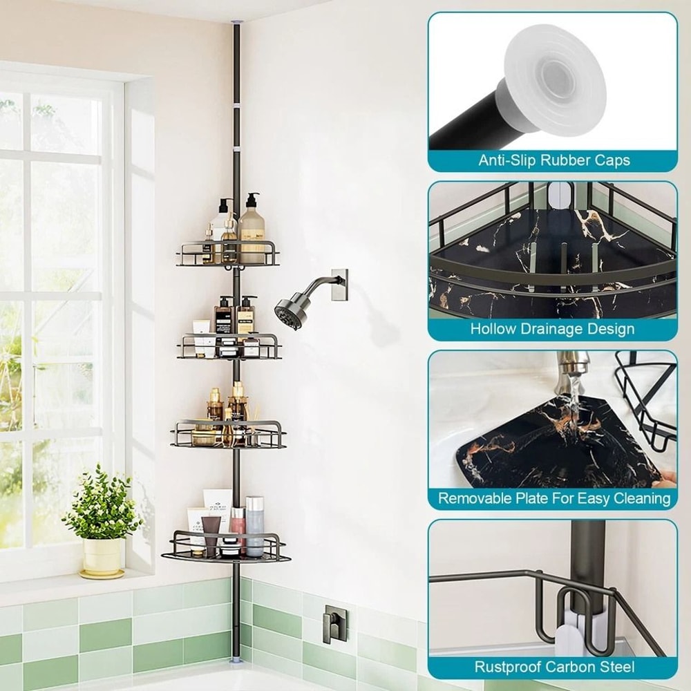 Black Shower Rack Caddy Shelves Floor Standing Bathroom Storage Adjustable Corner Storage Holder 5