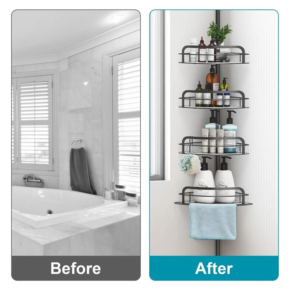 Black Shower Rack Caddy Shelves Floor Standing Bathroom Storage Adjustable Corner Storage Holder 7
