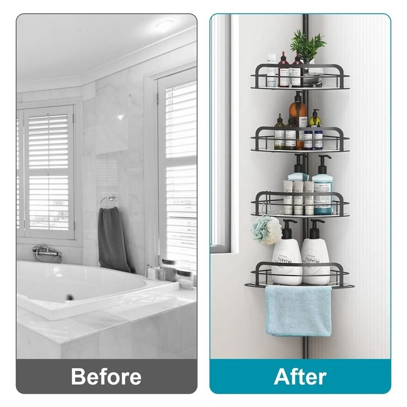 Black Shower Rack Caddy Shelves Floor Standing Bathroom Storage Adjustable Corner Storage Holder 7