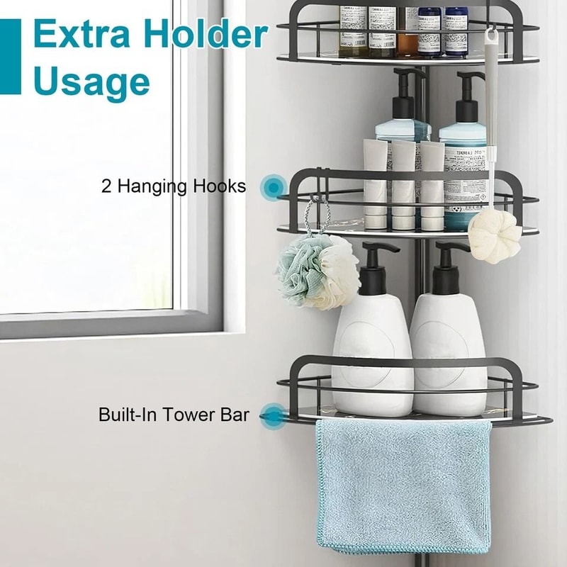 Black Shower Rack Caddy Shelves Floor Standing Bathroom Storage Adjustable Corner Storage Holder 8
