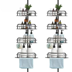 black shower rack caddy shelves, floor standing bathroom storage, adjustable corner storage holder