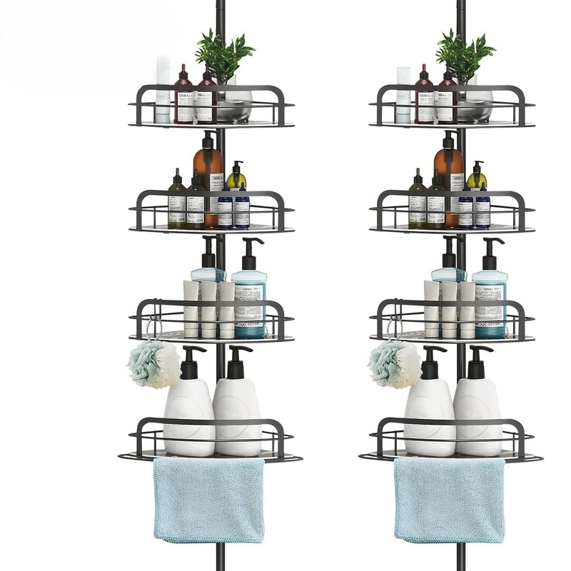 Black Shower Rack Caddy Shelves Floor Standing Bathroom Storage Adjustable Corner Storage Holder 0