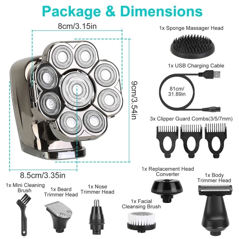 Cordless Electric Head Shaver Wet Dry Razor For Men And Women Grooming Kit With Beard And Nose Trim 11
