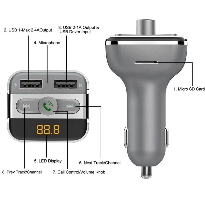 Wireless Car FM Transmitter USB Charger Radio Player TF Card Support HandsFree Call Music Adapter 6