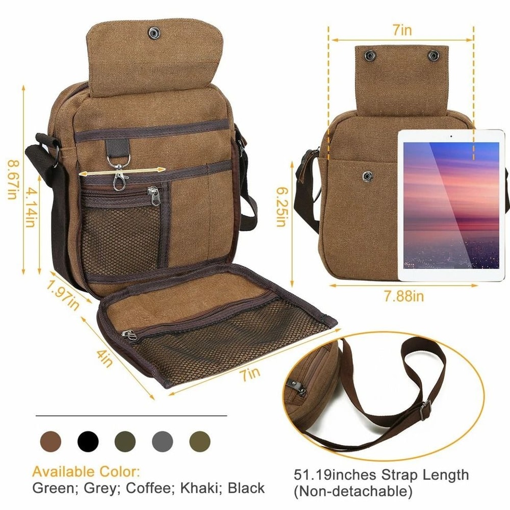 Canvas Crossbody Bag For Men Phone Tablet Messenger Casual Shoulder Tote Durable Leather Zipper Id 3