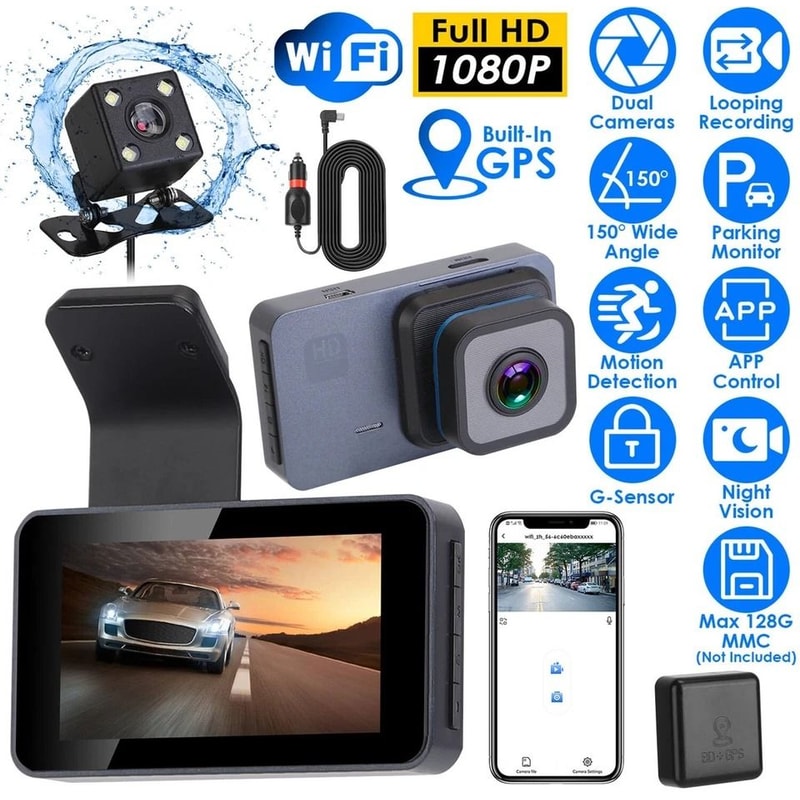 GPS WiFi Dual Lens Dash Cam Car DVR Camera With Night Vision Emergency Accident Lock Parking Monito