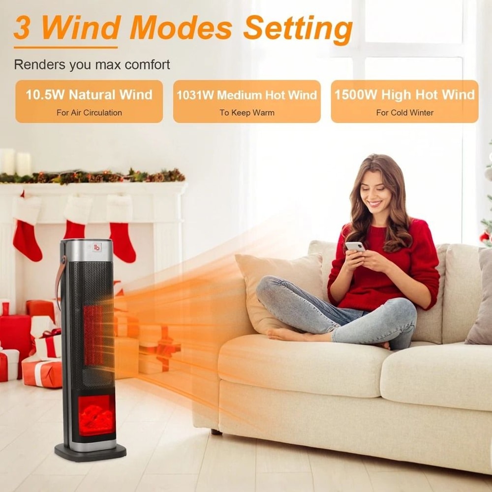 Space Heater Oscillating Ceramic Tower Heater Electric Warmer For Winter Precise Temperature Remote 4