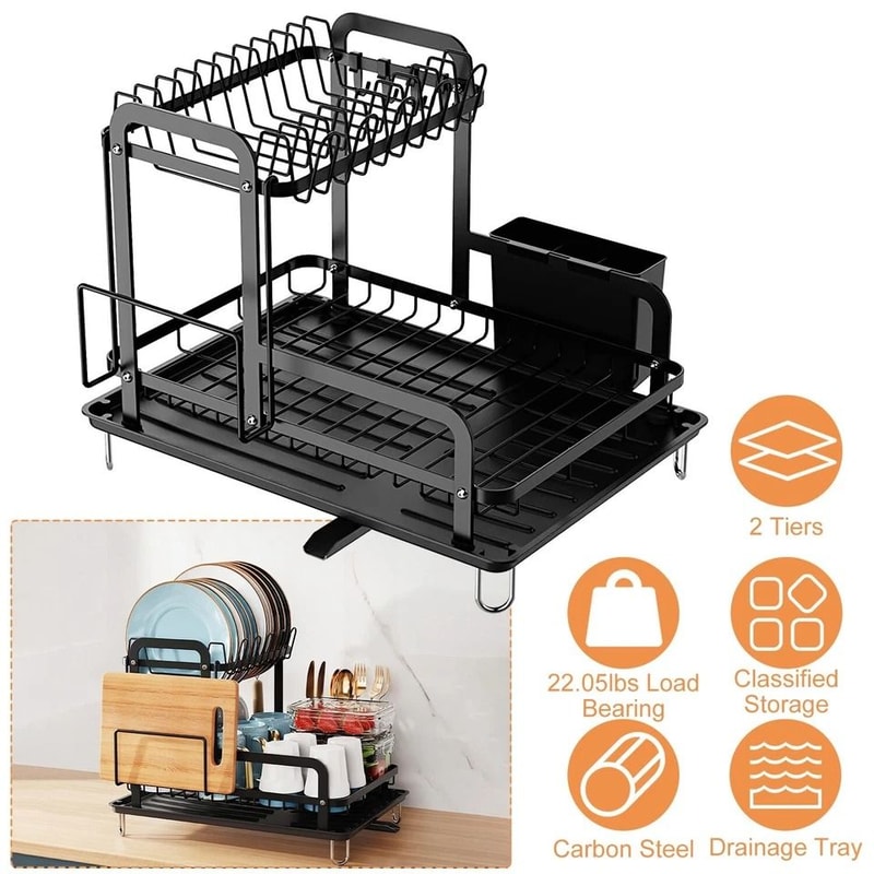 Tier Dish Drying Rack With Drainboard Carbon Steel Utensil Holder Large Capacity Kitchen Counter St 2