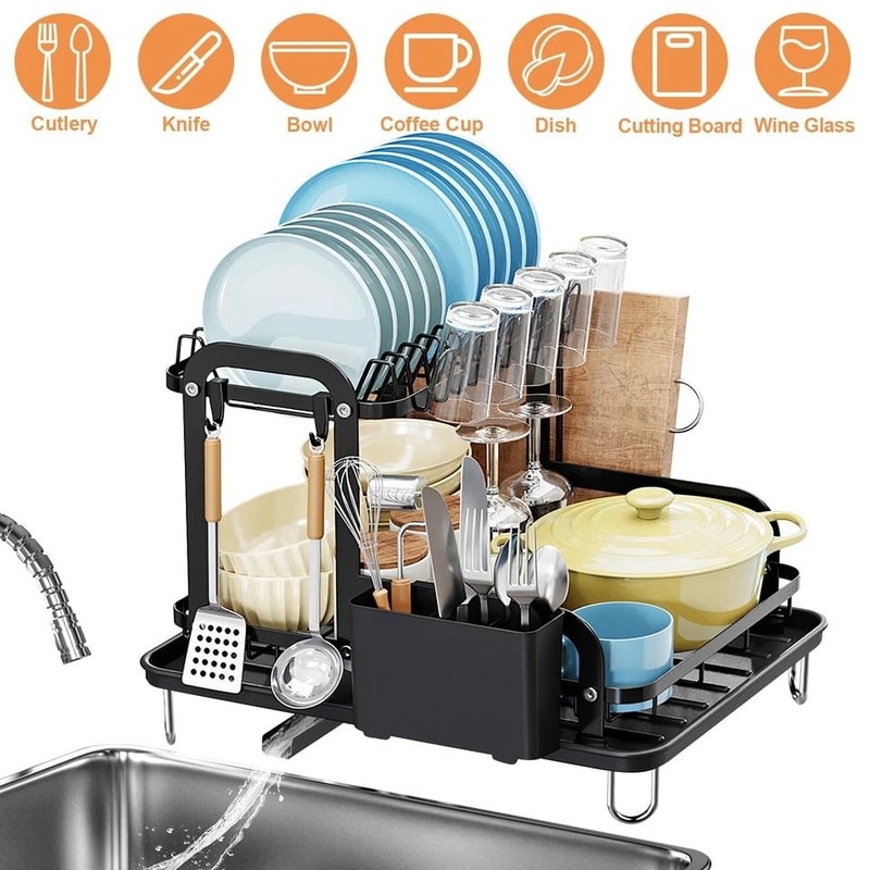 Tier Dish Drying Rack With Drainboard Carbon Steel Utensil Holder Large Capacity Kitchen Counter St 10