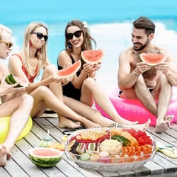 chilled veggie tray with ice tray, fruit ice serving tray, appetizer platter, buffet server with lid, cold food storage