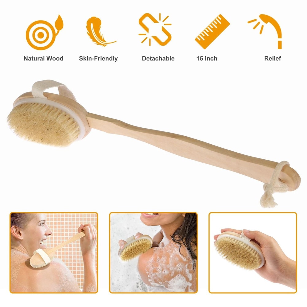 Long Wooden Handle Bath Body Exfoliating Brush Shower Back Scrubber For Clean Glowing Skin 2