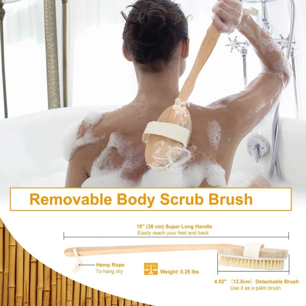 Long Wooden Handle Bath Body Exfoliating Brush Shower Back Scrubber For Clean Glowing Skin 8