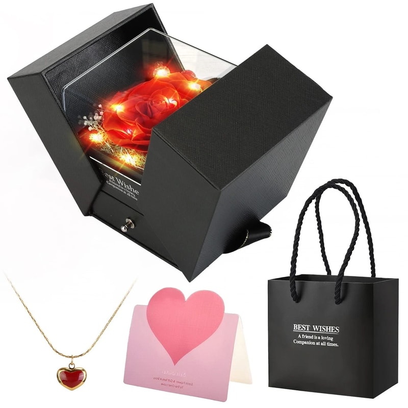 Preserved Red Rose With Heart Necklace Luxury Eternal Flowers Gift For Girlfriend Mother Anniversar 1