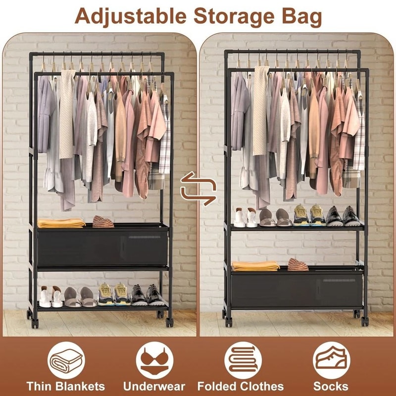 Clothing Rack With Storage Bag Heavy Duty Garment Rack For Shoes Bedroom Clothes Adjustable NonWove 9
