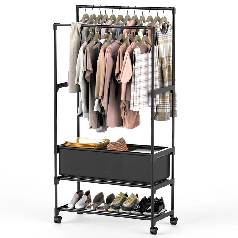 Clothing Rack With Storage Bag Heavy Duty Garment Rack For Shoes Bedroom Clothes Adjustable NonWove 2