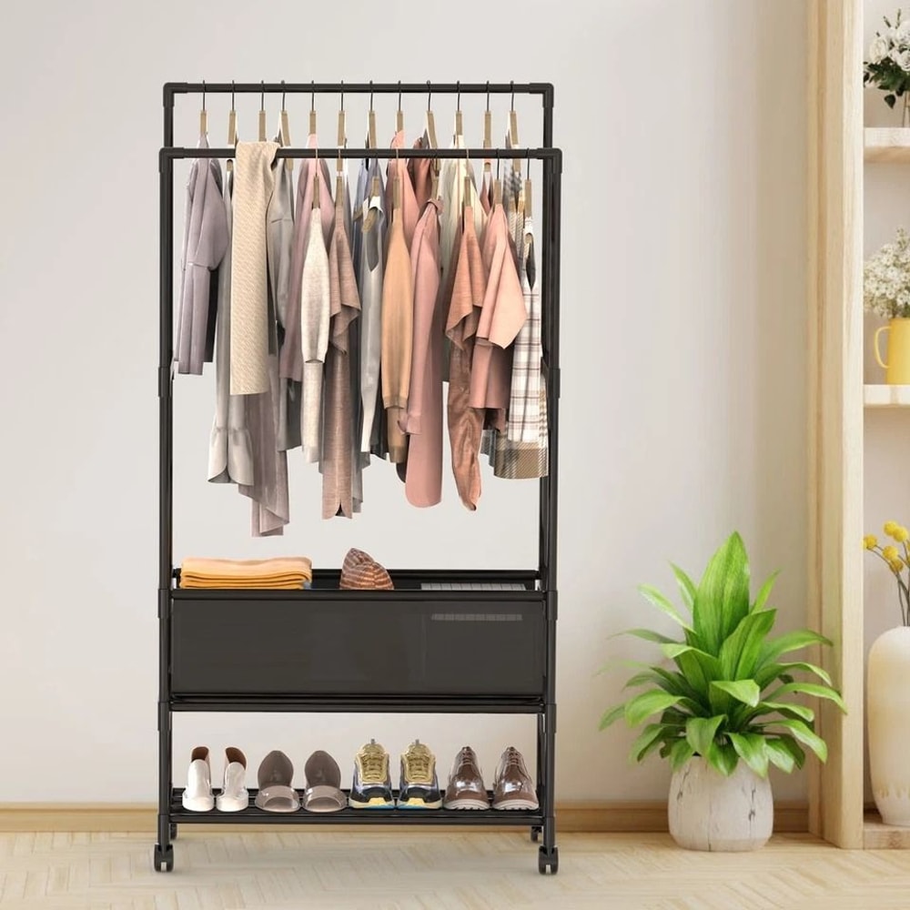 Clothing Rack With Storage Bag Heavy Duty Garment Rack For Shoes Bedroom Clothes Adjustable NonWove 4