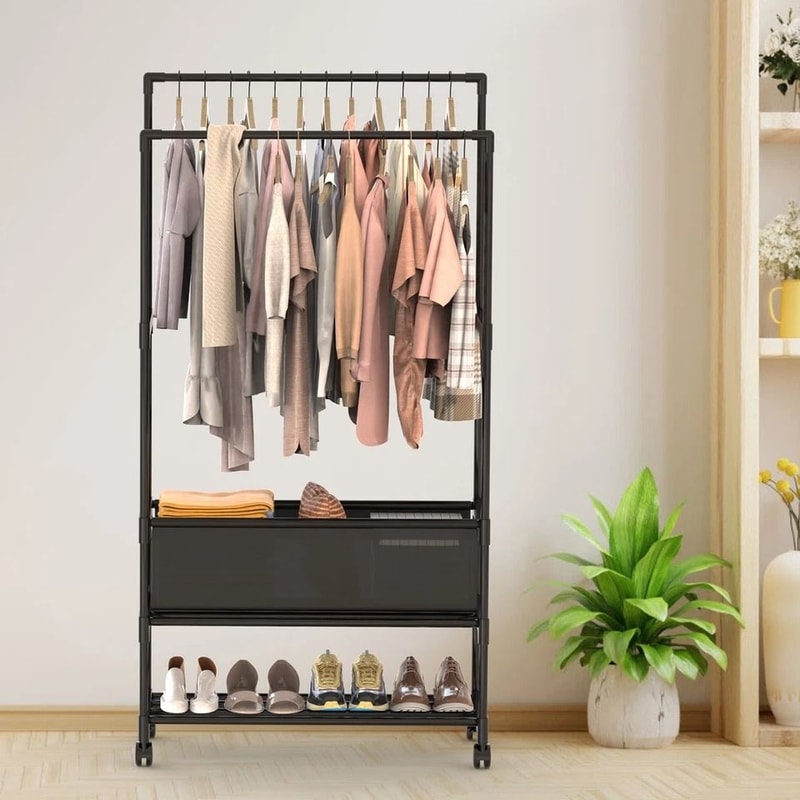 Clothing Rack With Storage Bag Heavy Duty Garment Rack For Shoes Bedroom Clothes Adjustable NonWove 4