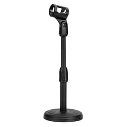 portable desktop microphone stand, adjustable height, mini round base, weighted, rotatable mic clip