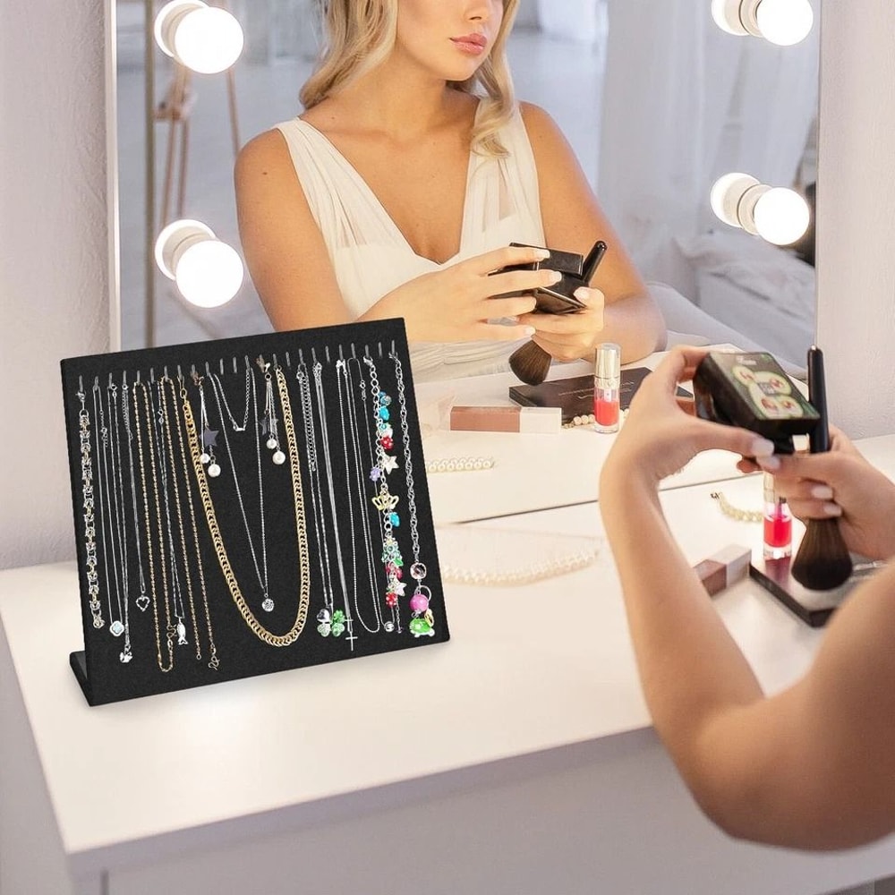Jewelry Display Stand Velvet Necklace Holder Tray Chain Organizer With 24 Hooks For Necklaces Brace 0