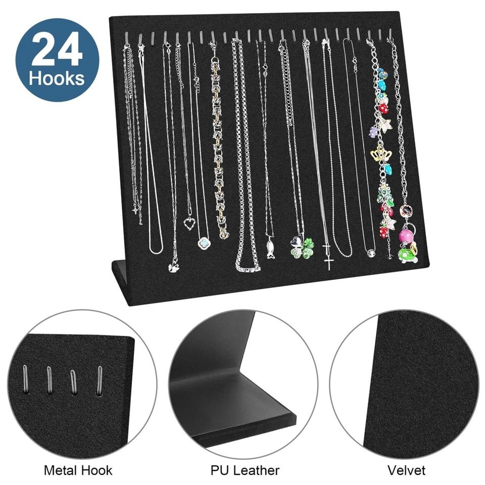 Jewelry Display Stand Velvet Necklace Holder Tray Chain Organizer With 24 Hooks For Necklaces Brace 6