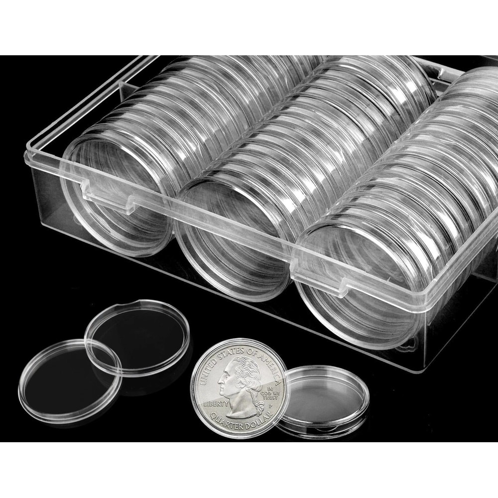 Coin Box Holder With Capsules 406mm Diameter Fits US Silver Eagle 1 Oz Coins Clear Durable Plastic 0