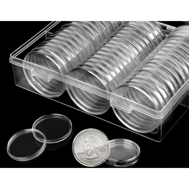 Coin Box Holder With Capsules 406mm Diameter Fits US Silver Eagle 1 Oz Coins Clear Durable Plastic 0