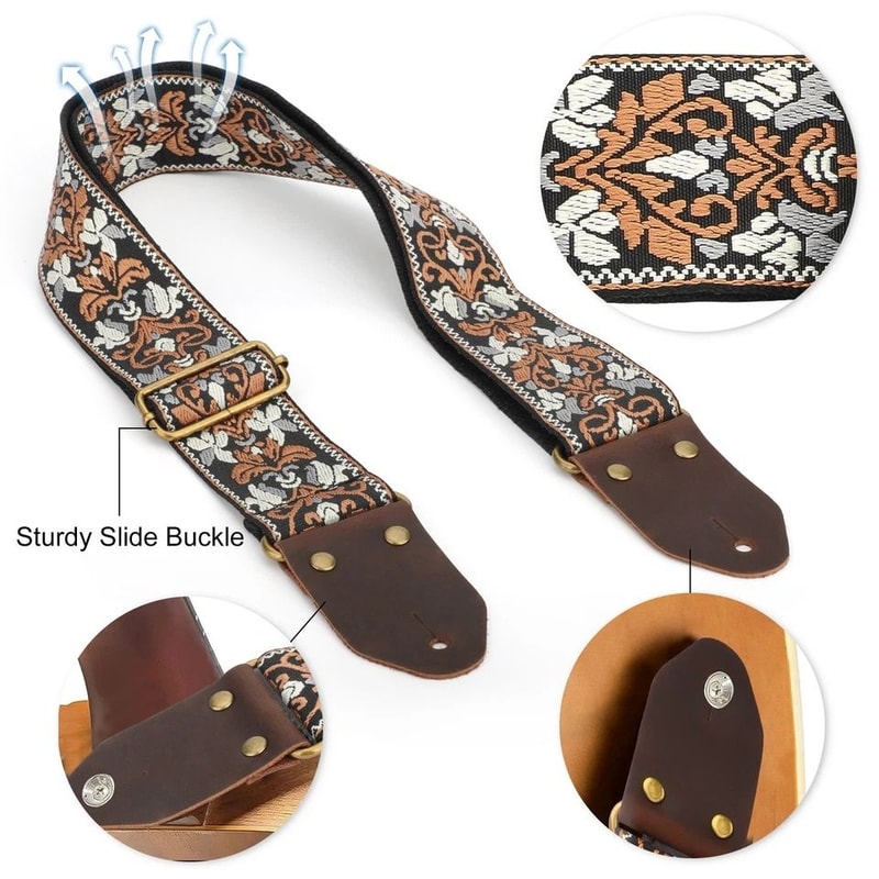 Embroidery Guitar Strap For Bass Acoustic Guitars Adjustable Cotton Strap Brass Sliding Buckle 5