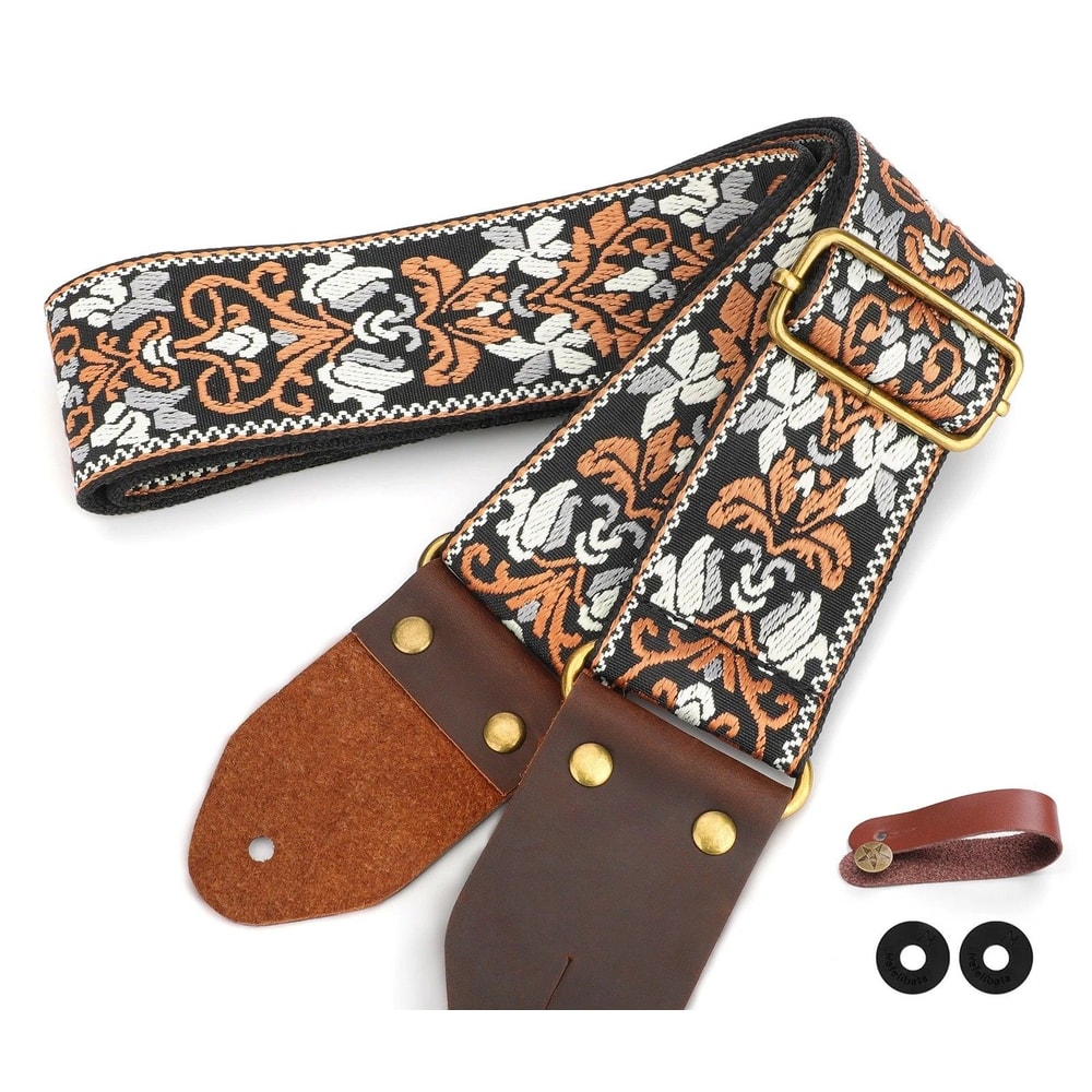 Embroidery Guitar Strap For Bass Acoustic Guitars Adjustable Cotton Strap Brass Sliding Buckle 0