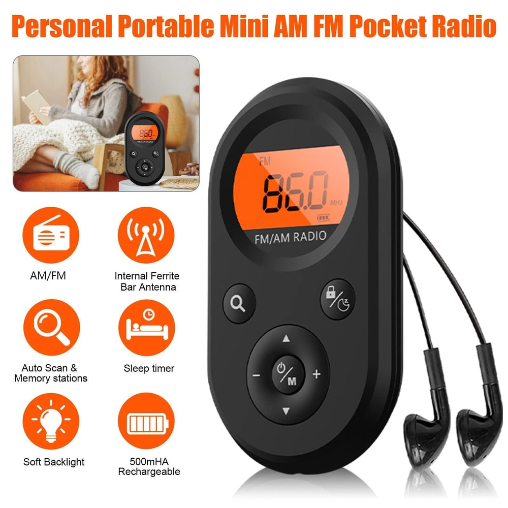 Pocket AMFM Radio Rechargeable Digital Stereo Music Receiver With LCD Display Headphones 1