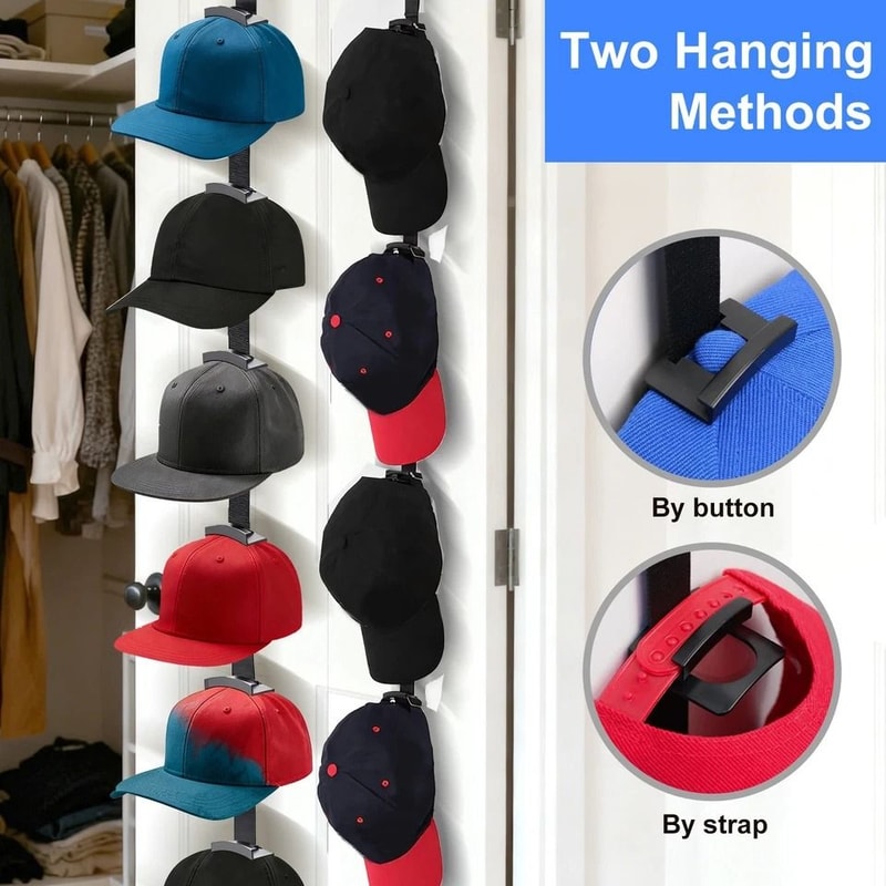 Hanging Hat Organizer Rack With Hooks For Baseball Caps Adjustable Wall Or Door Mount Vertical Hat 6