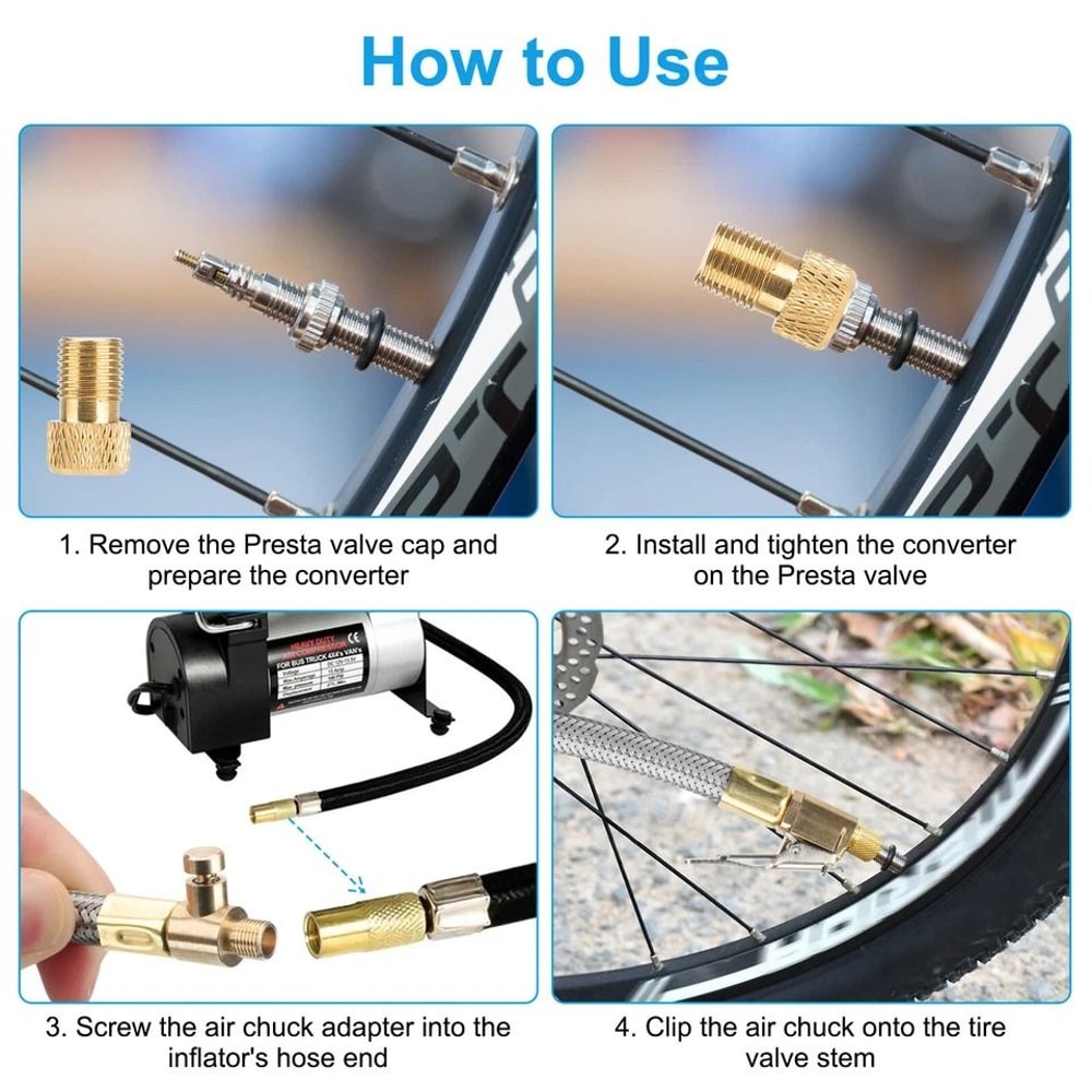 Presta Valve Tire Inflator Hose Extension Tube Air Chuck Adapter Brass Stainless Steel For Car Bik 4