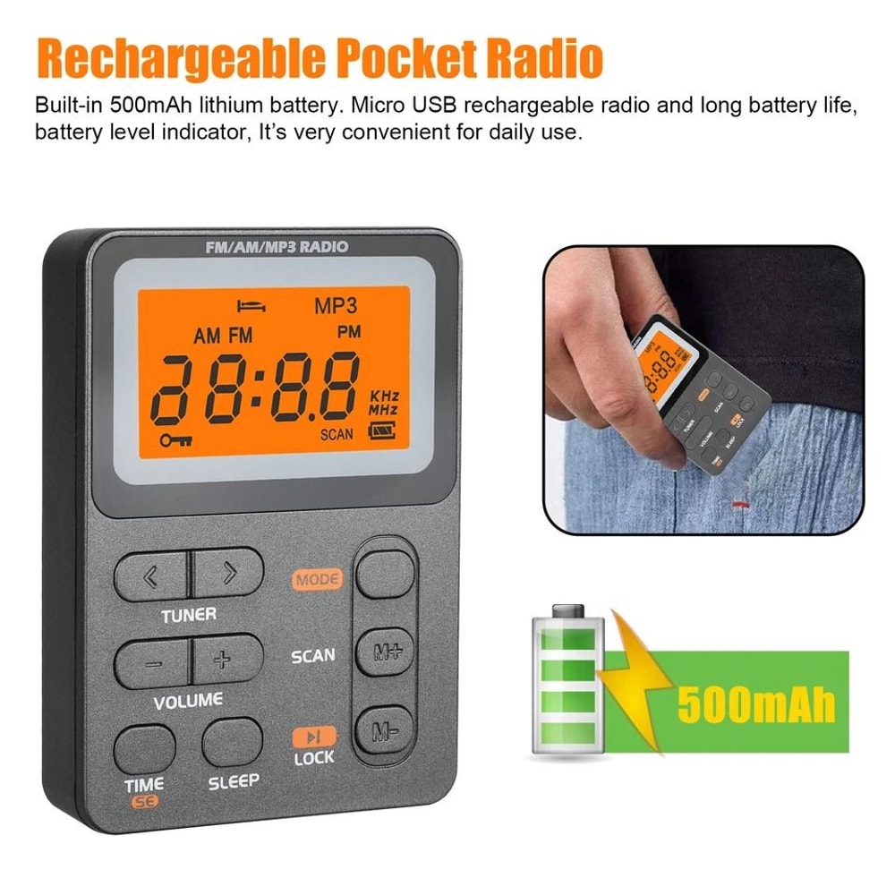 Compact Pocket Digital LCD Screen AMFM Radio MP3 Player Earphone For Walking Rechargeable Portable 5