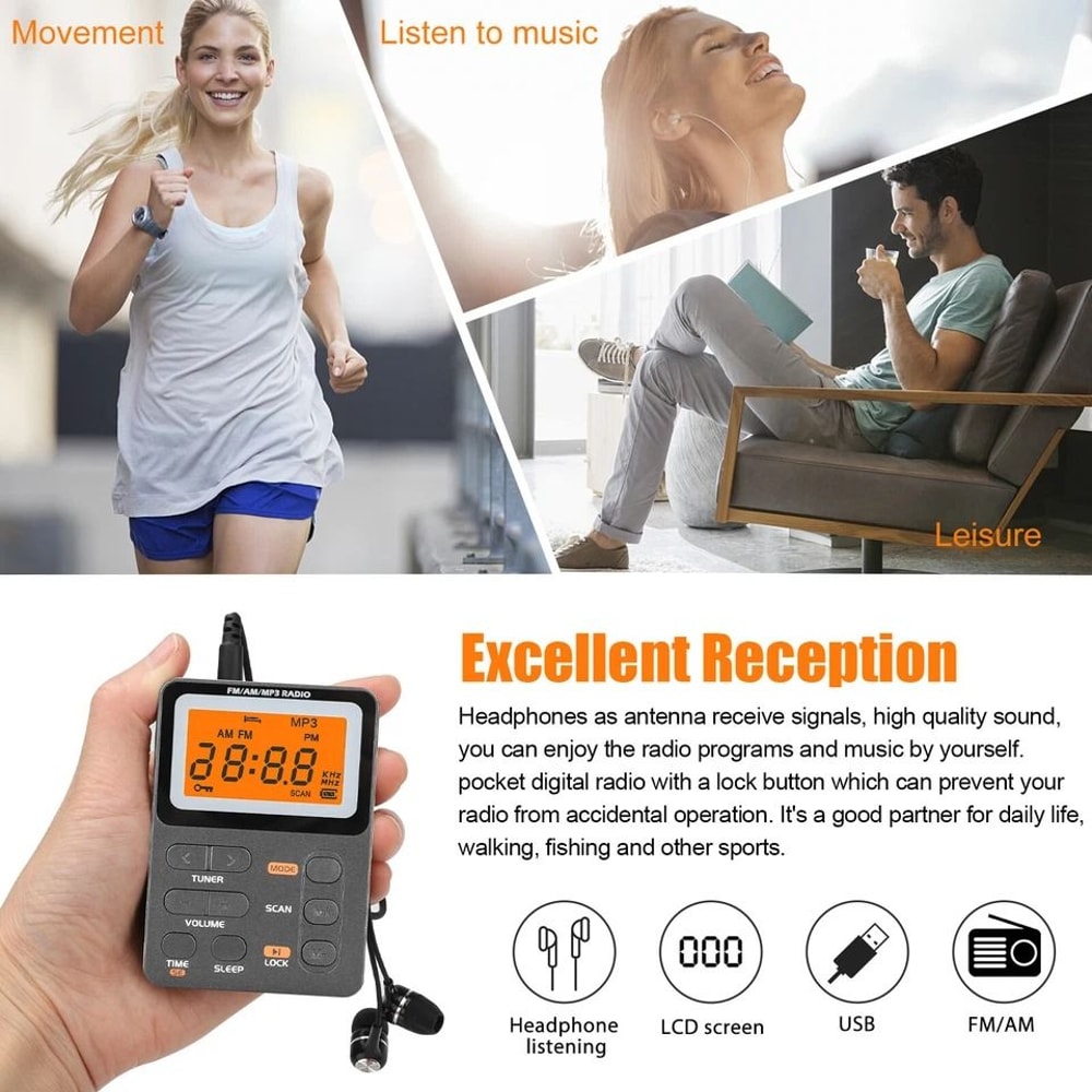 Compact Pocket Digital LCD Screen AMFM Radio MP3 Player Earphone For Walking Rechargeable Portable 7