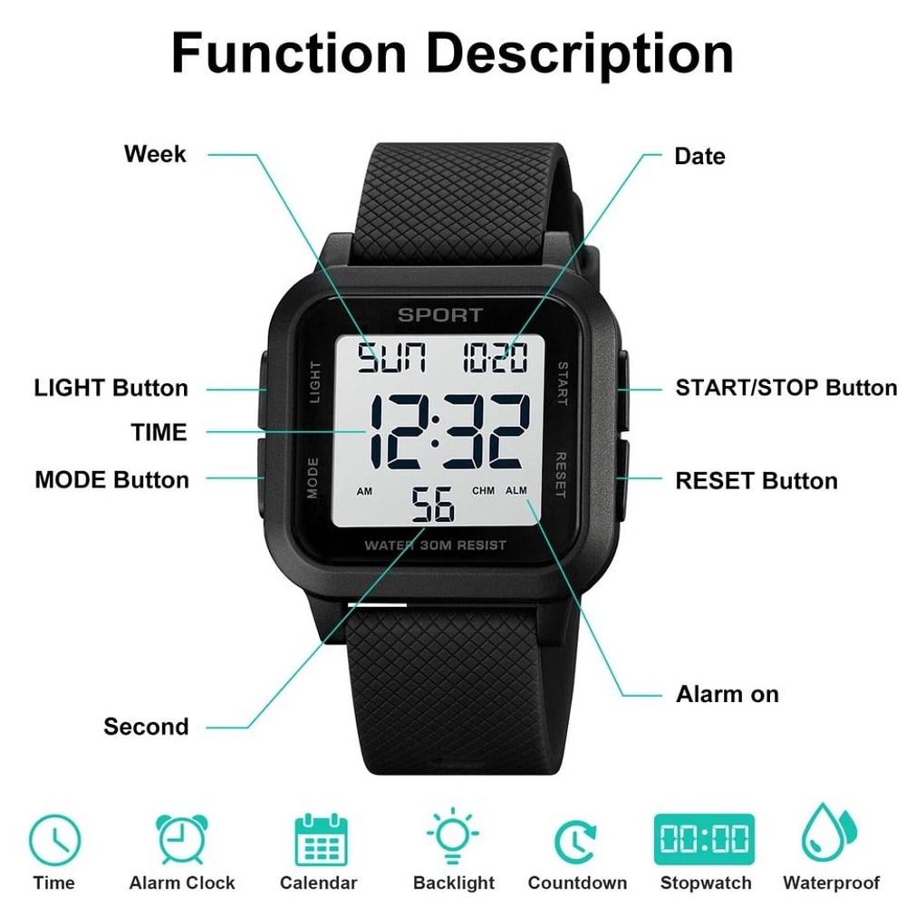 Waterproof Mens Sports Watch Multifunctional Digital LED Wristwatch 50M WaterResistant Chronograph 2