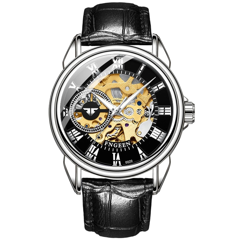 Luxury Mens Skeleton Automatic Mechanical Watch Black Leather Strap Chronograph Retro Style Silver 1