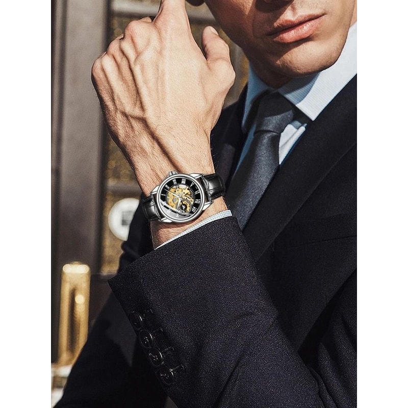 Luxury Mens Skeleton Automatic Mechanical Watch Black Leather Strap Chronograph Retro Style Silver 2