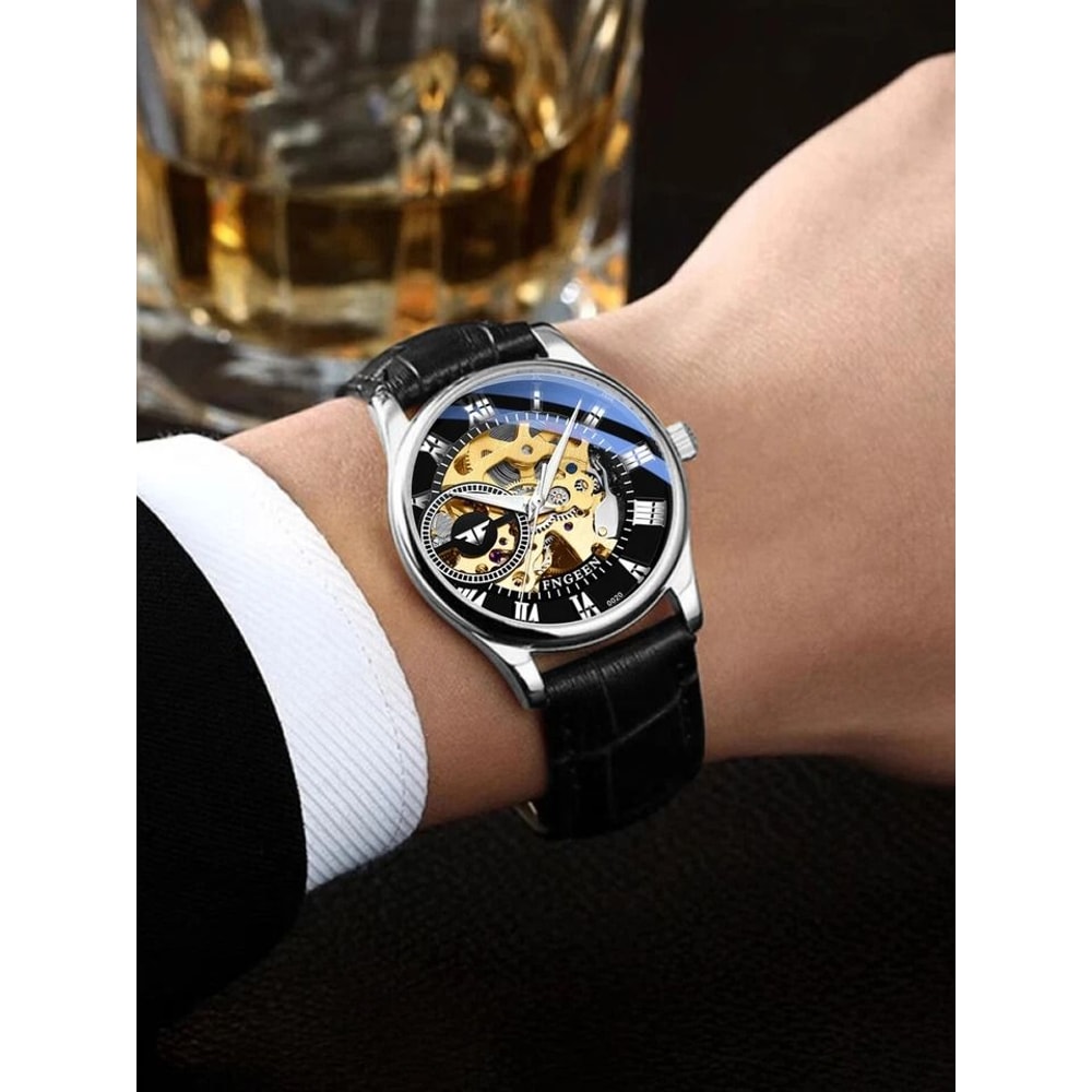 Luxury Mens Skeleton Automatic Mechanical Watch Black Leather Strap Chronograph Retro Style Silver 3