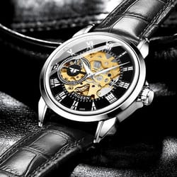 luxury men's skeleton automatic mechanical watch, black leather strap, chronograph, retro style, silver alloy case