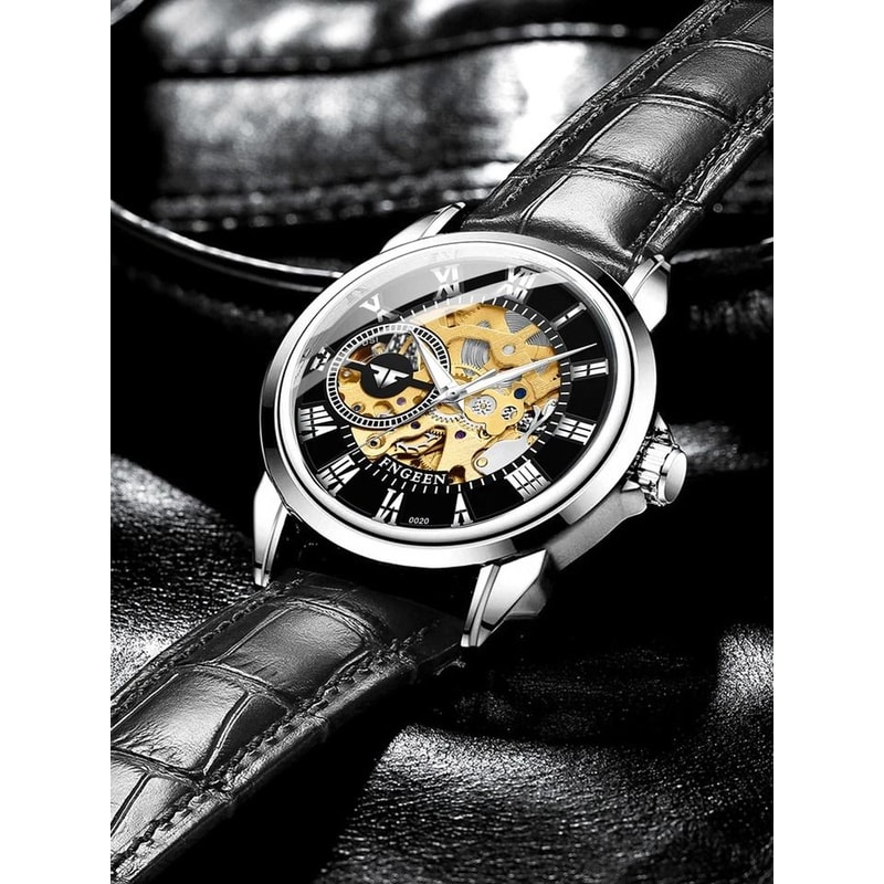 Luxury Mens Skeleton Automatic Mechanical Watch Black Leather Strap Chronograph Retro Style Silver 0