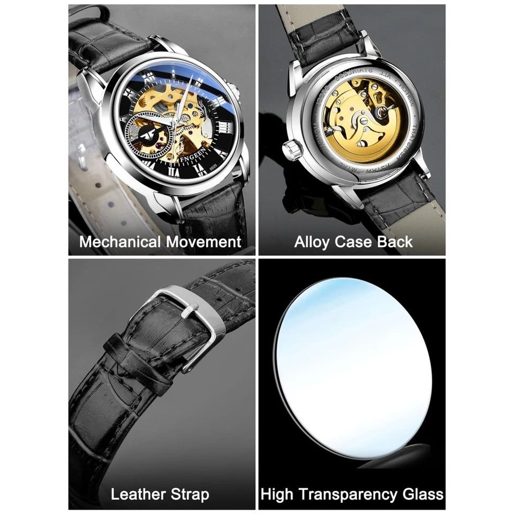 Luxury Mens Skeleton Automatic Mechanical Watch Black Leather Strap Chronograph Retro Style Silver 4