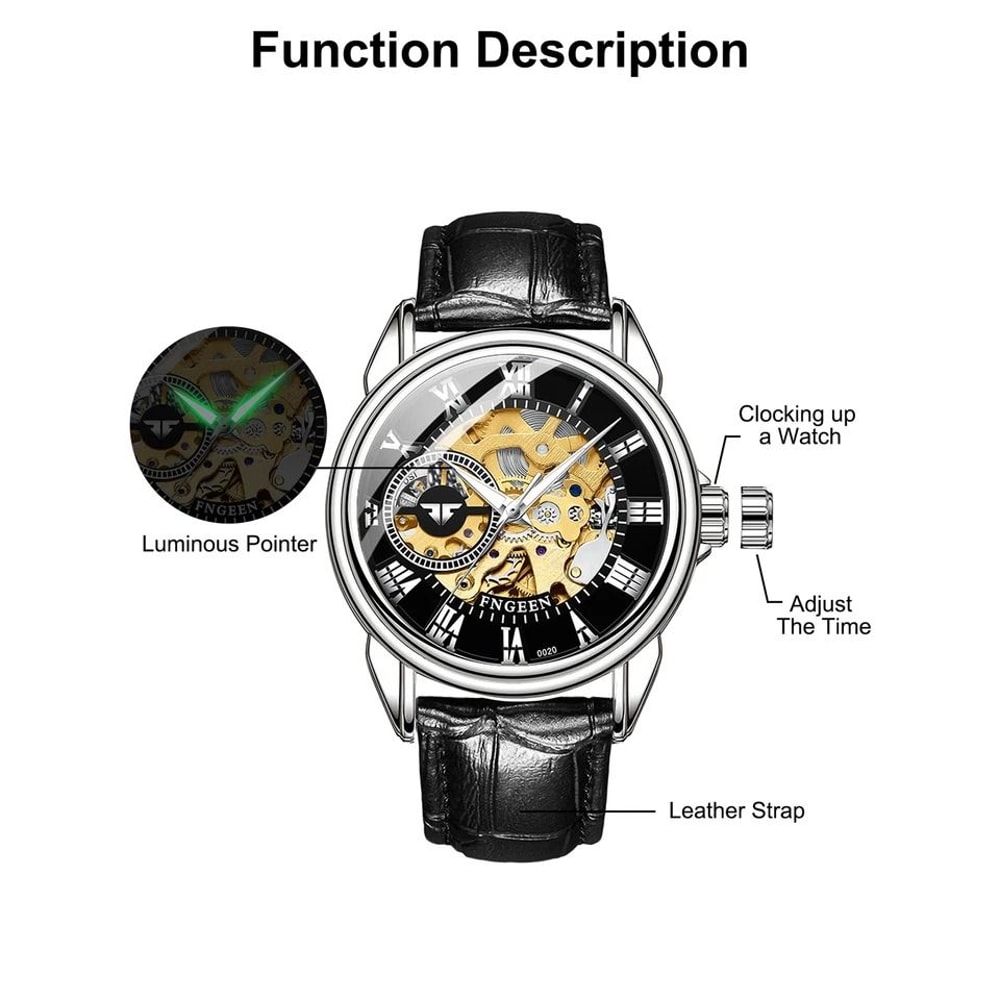 Luxury Mens Skeleton Automatic Mechanical Watch Black Leather Strap Chronograph Retro Style Silver 5