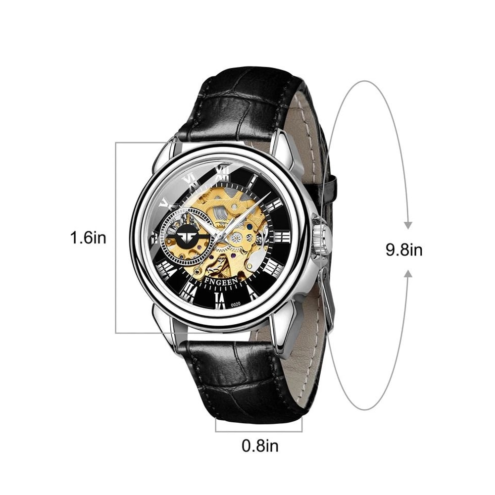 Luxury Mens Skeleton Automatic Mechanical Watch Black Leather Strap Chronograph Retro Style Silver 6