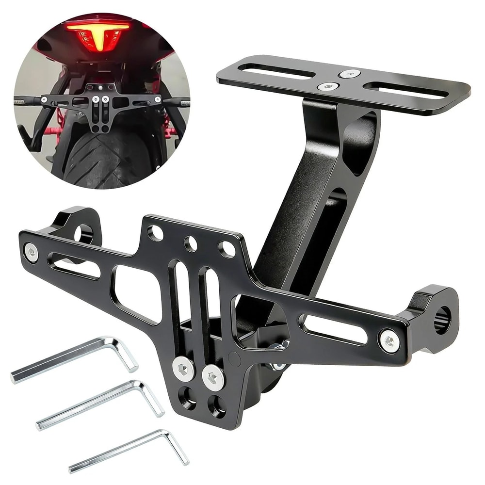 Polished Black Universal Adjustable Motorcycle License Plate Rear Mount Bracket Sturdy Alloy Constr 5
