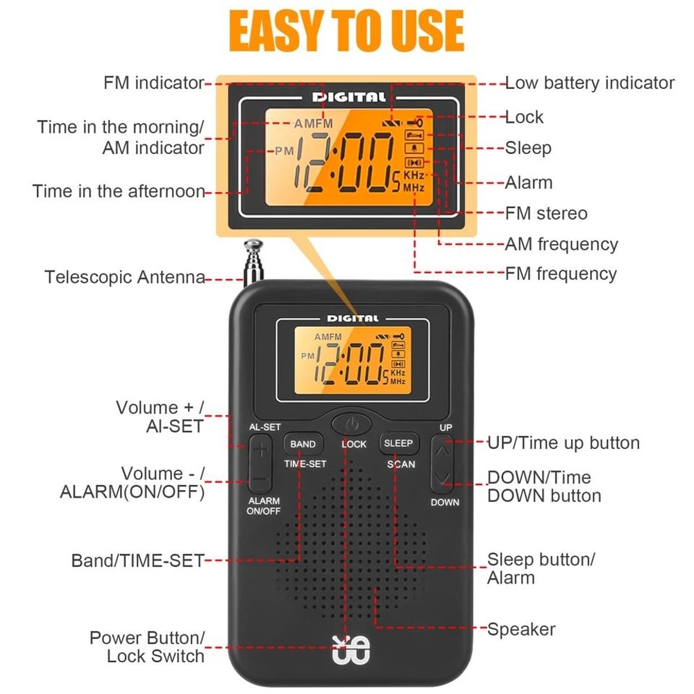 Compact Pocket AM FM Radio Digital LCD Screen Loud Speaker BatteryPowered Portable For Sports Trave 1