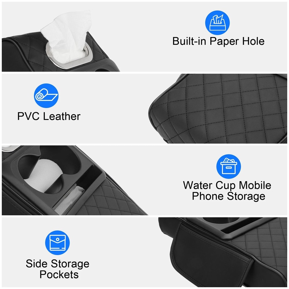 Armrest Pillow For Car Center Console Leather Cover With Storage Cup Holder Phone Slot Tissue Box 1